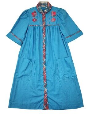 Vintage Models Coat Womens Duster Dress Blue Plaid Trim Floral Applique #1888